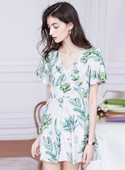 V-neck Ruffle Leaf Print Summer Dress