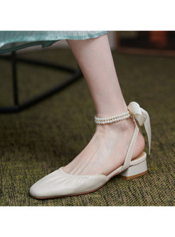 Rounded Toe Bowknot Pearl Square Heel Sandals