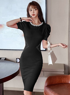 Crew Neck Pearl Embellished Bodycon Dress