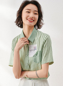 Green Striped Print Button-front Shirt