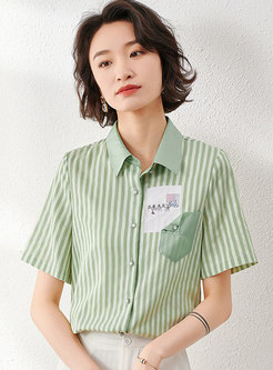 Green Striped Print Button-front Shirt
