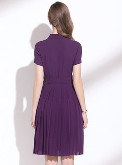 Purple Turn-down Collar Single-breasted Pleated Dress