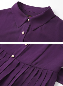 Purple Turn-down Collar Single-breasted Pleated Dress