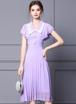 Light Purple Ruffle Embroidered Pleated Dress