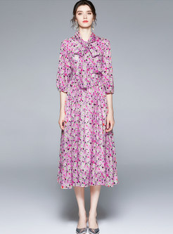 3/4 Sleeve Bowknot Floral Chiffon Maxi Dress
