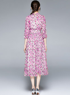 3/4 Sleeve Bowknot Floral Chiffon Maxi Dress