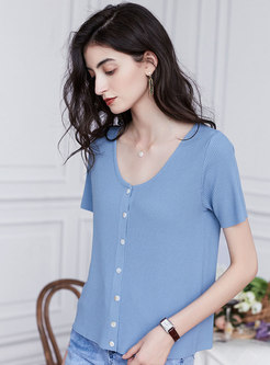 V-neck Ribbed Knitted Button-front T-Shirt