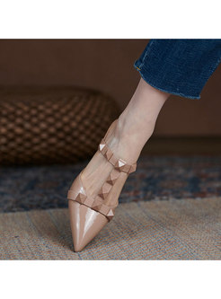 Pointed Toe Rivet T-strap Square Heel Slippers