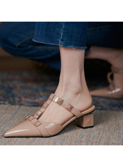 Pointed Toe Rivet T-strap Square Heel Slippers