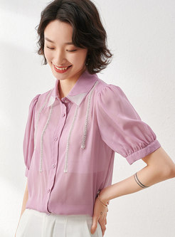 Pink Turn-down Collar Jacquard Patchwork shirt