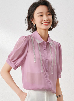 Pink Turn-down Collar Jacquard Patchwork shirt