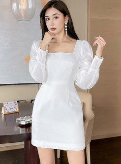 White Square Neck Puff Sleeve Mini Bodycon Dress