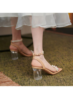 Square Toe Pearl Transparent Heel Ankle Strap Sandals