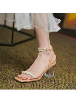 Square Toe Pearl Transparent Heel Ankle Strap Sandals