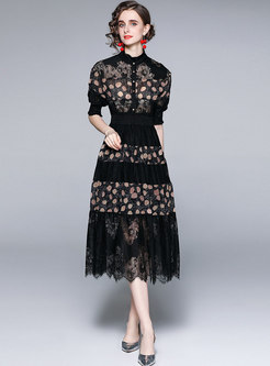 Black Polka Dot Puff Sleeve Lace Patchwork Midi Dress