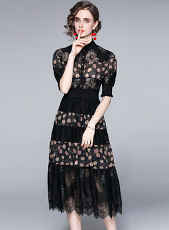Black Polka Dot Puff Sleeve Lace Patchwork Midi Dress