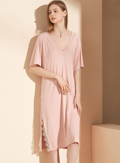 Crew Neck Solid Lace Patchwork Split Nightdress