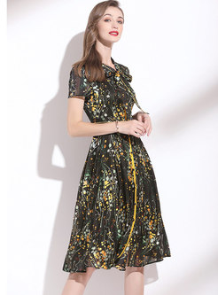 Short Sleeve Print High Waisted Chiffon Dress