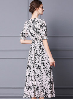 V-neck Puff Sleeve Floral A Line Midi Dress