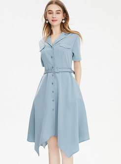 Work Notched Collar Belted Midi Shirt Dress