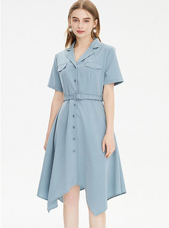 Work Notched Collar Belted Midi Shirt Dress