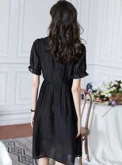 Black Lapel Puff Sleeve A Line Dress