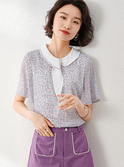 Sweet Color-blocked Patchwork Floral Chiffon Blouse