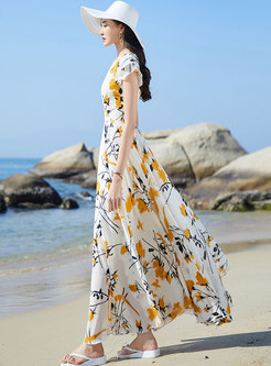 V-neck Chiffon Yellow Floral Beach Dress
