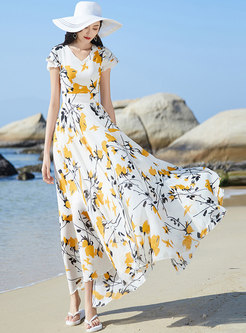 V-neck Chiffon Yellow Floral Beach Dress