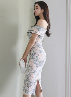 Elegant Slash Neck Flower Print Bodycon Dress