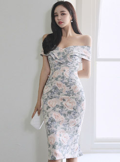 Elegant Slash Neck Flower Print Bodycon Dress