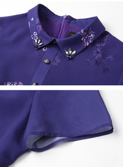 Purple Turn-down Collar Print Chiffon Dress