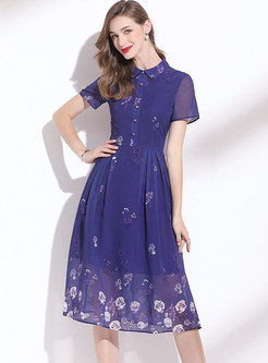 Purple Turn-down Collar Print Chiffon Dress
