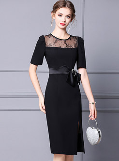 Black Lace Patchwork Knee-length Bodycon Dress