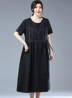 Brief Black Short Sleeve Drawcord Linen Dress
