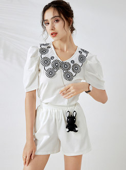 Puff Sleeve Embroidered High Waisted Shorts Suits
