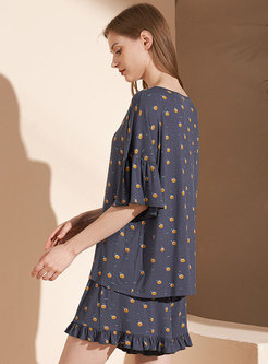 Cute Print Crew Neck Flare Sleeve Pajamas Set