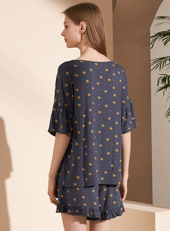 Cute Print Crew Neck Flare Sleeve Pajamas Set