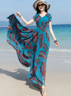 Boho V-neck Print Chiffon Beach Maxi Dress