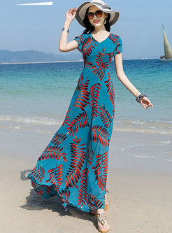 Boho V-neck Print Chiffon Beach Maxi Dress