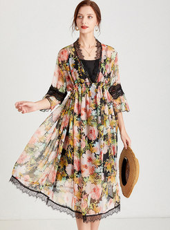 Plus Size Print Lace Chiffon Midi Dress With Cami