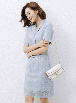Blue Patchwork Short Sleeve V-neck Lace Dress