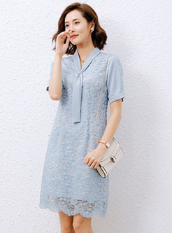 Blue Patchwork Short Sleeve V-neck Lace Dress