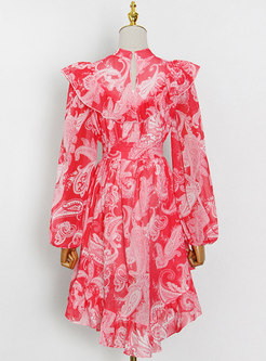 Pink Print Long Sleeve Irregular Mini Dress