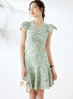 V-neck Lace Embroidered Openwork Peplum Dress