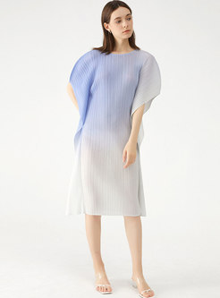 Color-blocked Batwing Sleeve Pleated Shift Dress