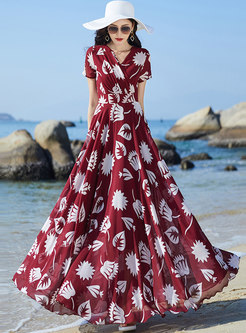 Boho V-neck Print Empire Waist Chiffon Maxi Dress