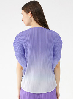 Gradient Crew Neck Batwing Sleeve Pleated T-shirt