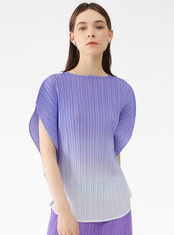 Gradient Crew Neck Batwing Sleeve Pleated T-shirt
