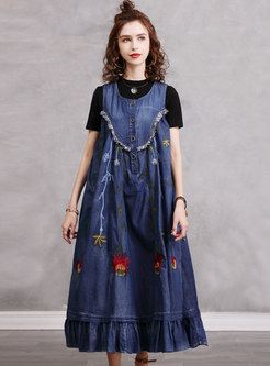 Sleeveless Vintage Embroidered Denim Maxi Dress